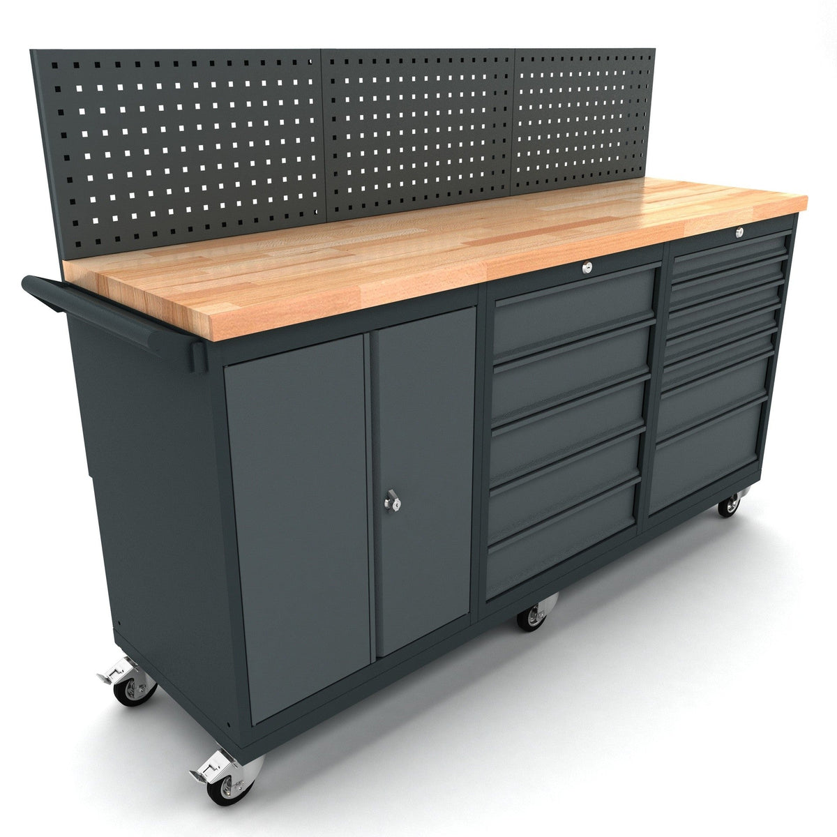 Mobile Werkbank mit 12 Schubladen, Türschrank und Rückwand - WBG186M14