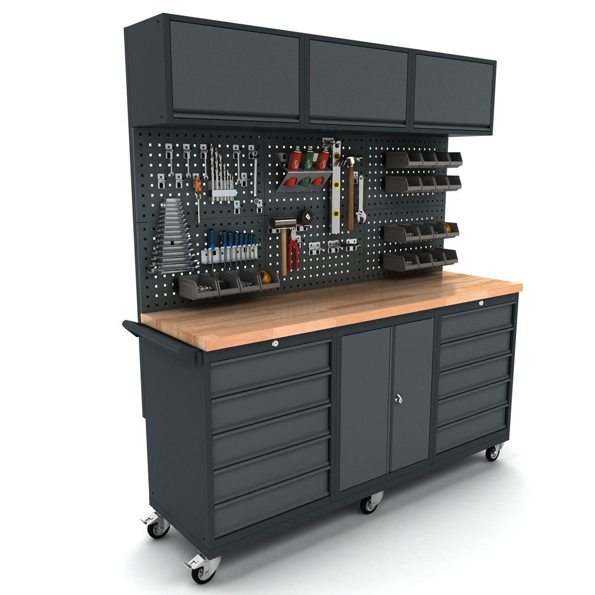 Mobile Werkbank mit 10 Schubladen, Rückwand und Oberschränken - WBG186M27