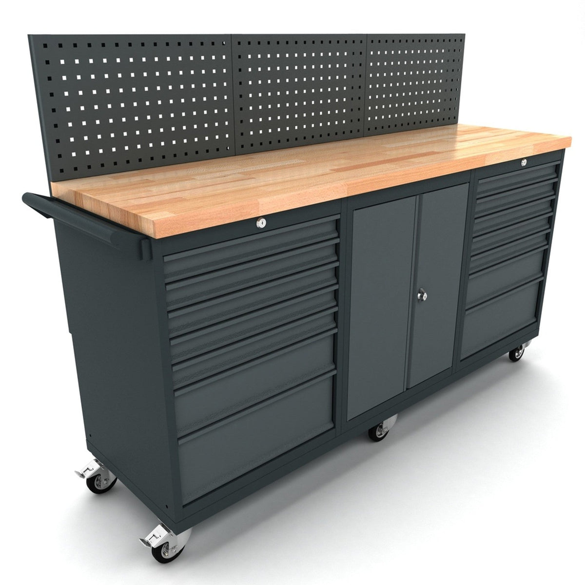 Mobile Werkbank mit 14 Schubladen, Türschrank und Rückwand - WBG186M29