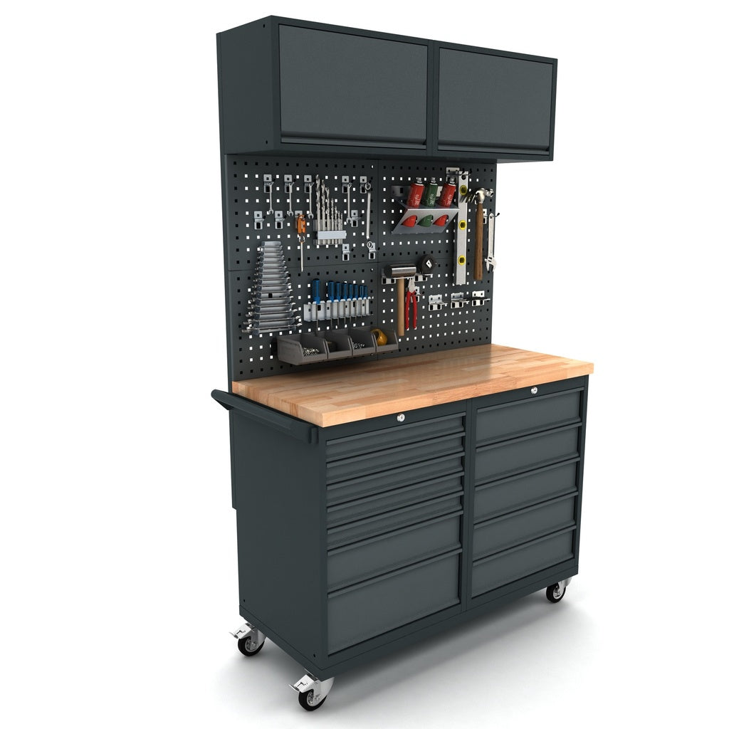 Mobile Werkbank mit 12 Schubladen, Werkzeugwand und Oberschränken - WBG124M15