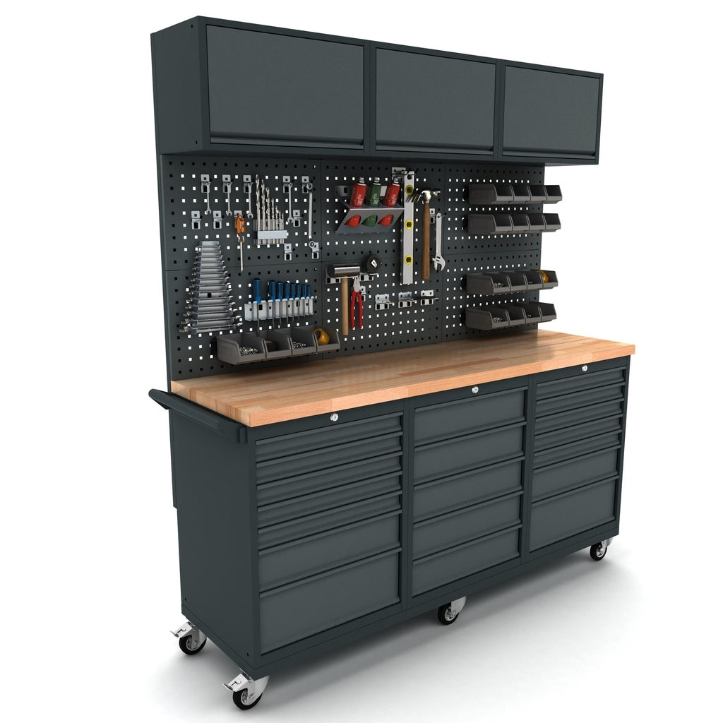 Mobile Werkbank mit 19 Schubladen, Rückwand und Oberschränken - WBG186M21