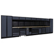 "
A modern, spacious workshop storage system featuring a long, black workbench with a wooden top, equipped with multiple drawers, cabinets, and perforated back panels for tool organization. The unit includes sliding doors and wheels for mobility."