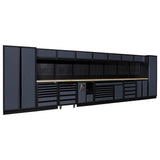 "
A modern, spacious workshop storage system featuring a long, black workbench with a wooden top, equipped with multiple drawers, cabinets, and perforated back panels for tool organization. The unit includes sliding doors and wheels for mobility."