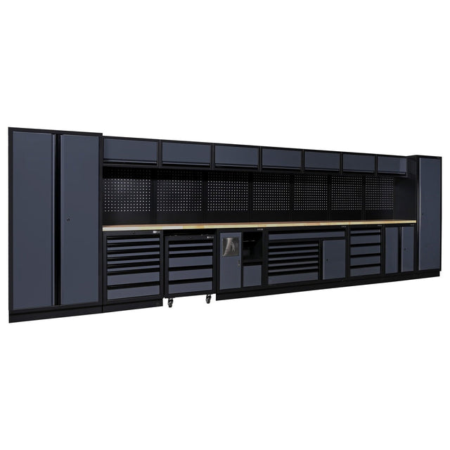 "
A modern, spacious workshop storage system featuring a long, black workbench with a wooden top, equipped with multiple drawers, cabinets, and perforated back panels for tool organization. The unit includes sliding doors and wheels for mobility."