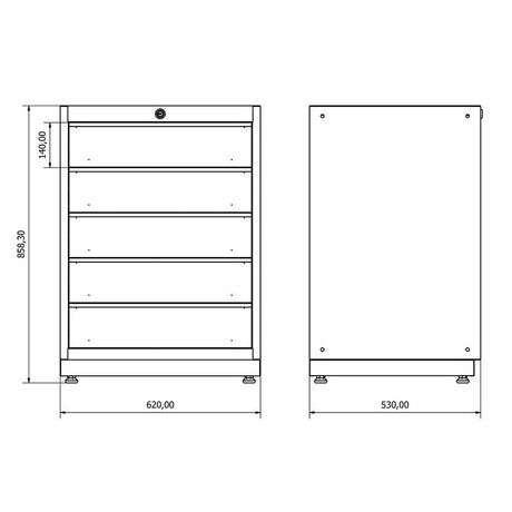 TOOLBOX4YOU Unterschrank 5 Schubladen Expert BG62L5 - Vormontiert, Freistehend, 1,2mm dickes Blech - Tools.de TP Profishop GmbH